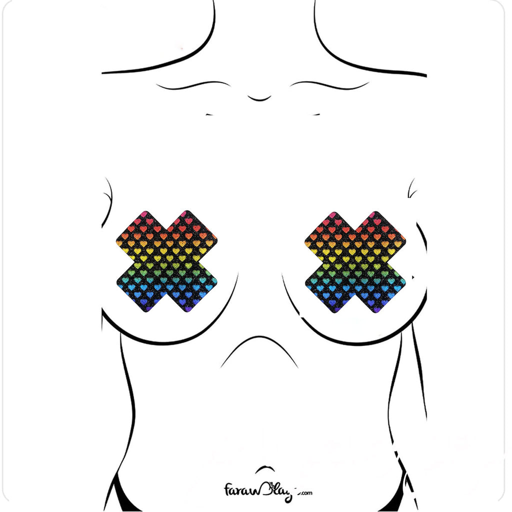 Cross Shape Nipple Covers With Colorful Hearts