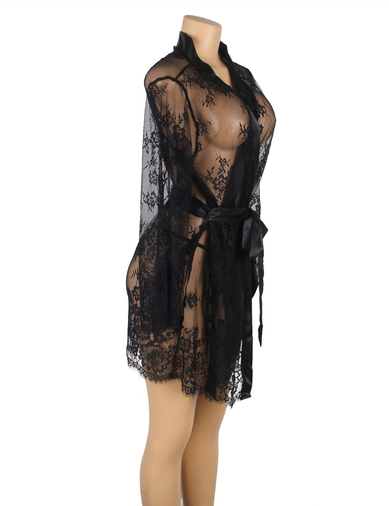 Sexy Long Sleeve White Eyelash Lace Plus Size Short Sleepwear With Thong