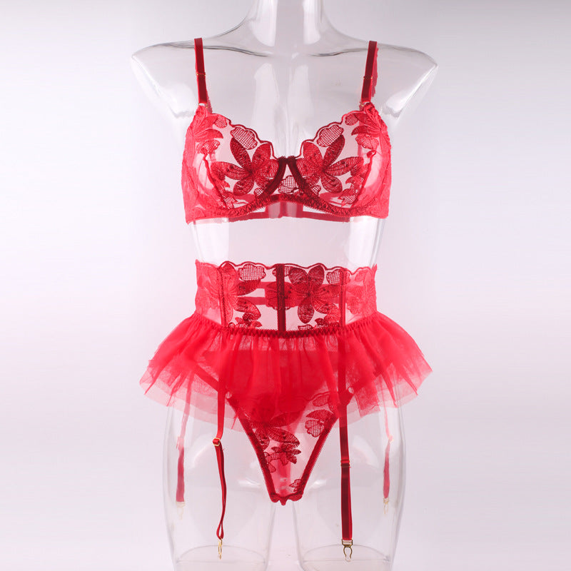Red Floral Lace Underwire Garter Bra Set