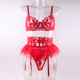Red Floral Lace Underwire Garter Bra Set