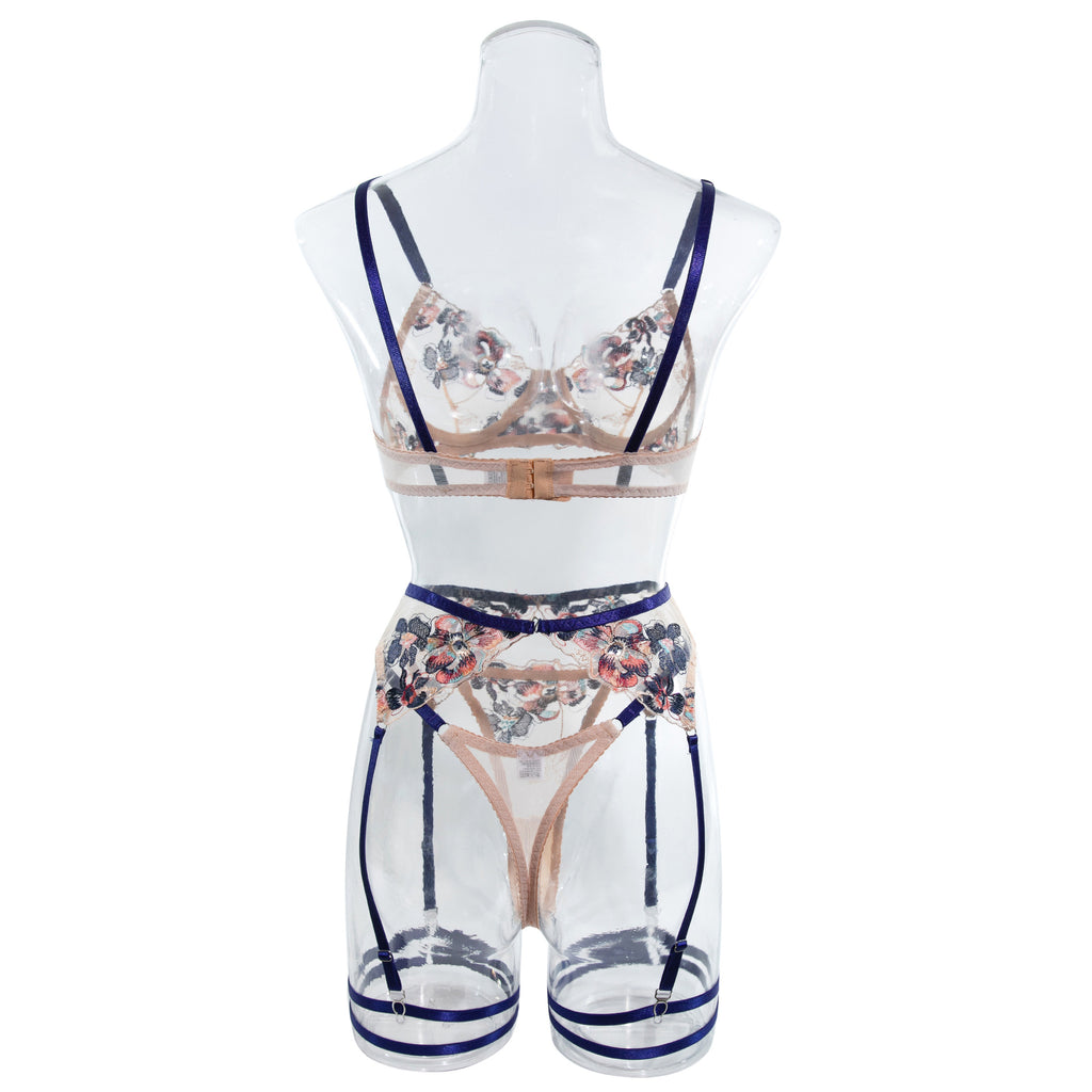 Floral Embroidery Underwire Garter Lingerie Set