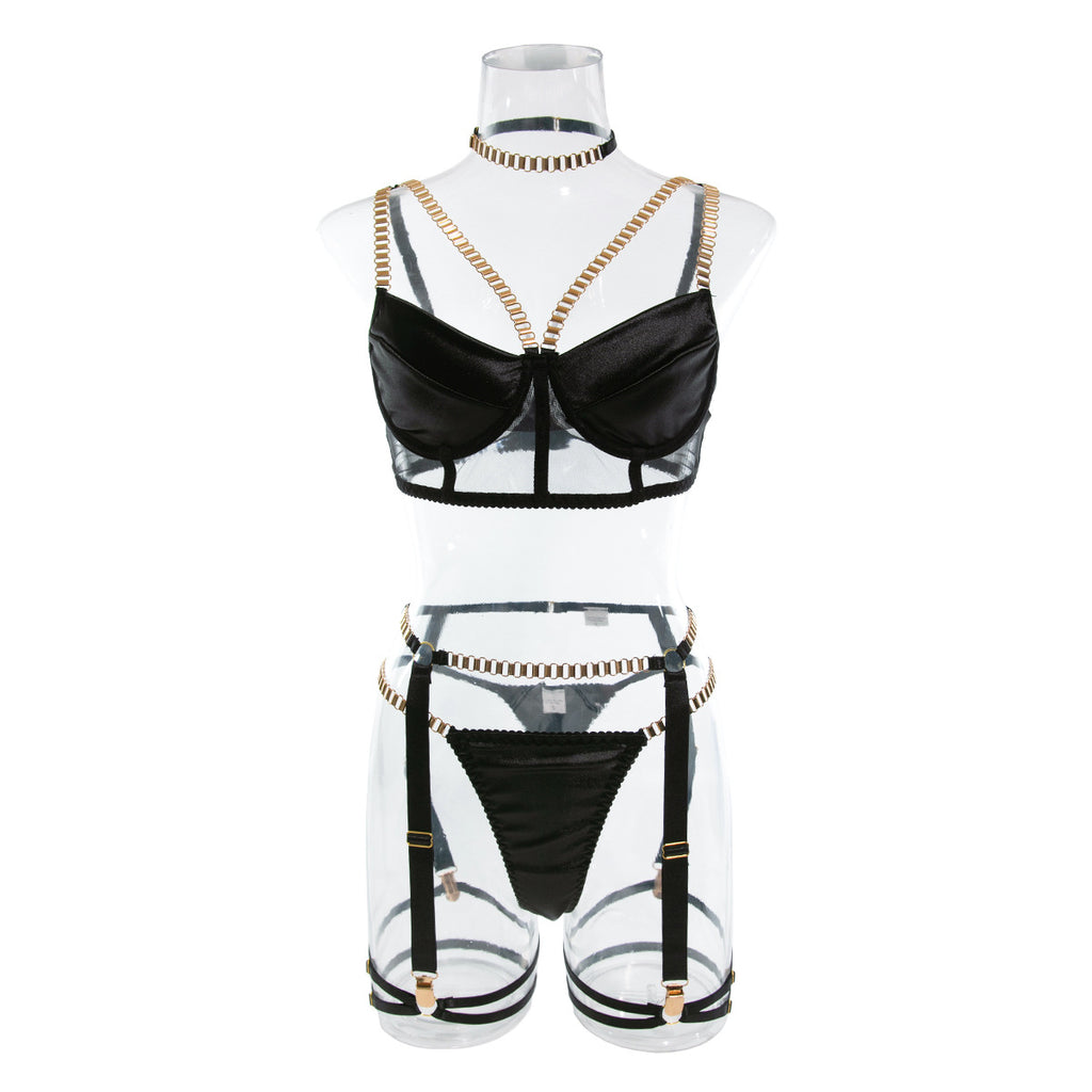 Sexy Velvet Hollow Cut Halter Bra Set