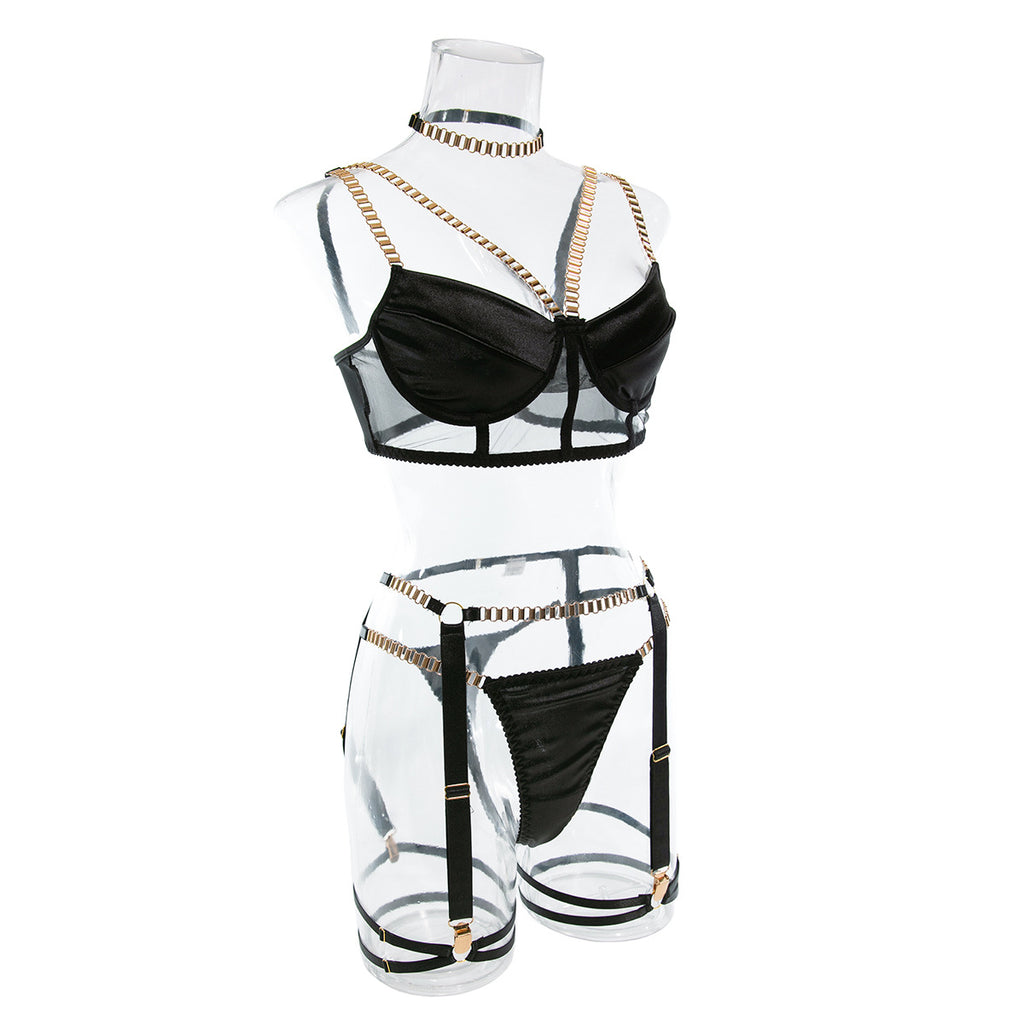 Sexy Velvet Hollow Cut Halter Bra Set