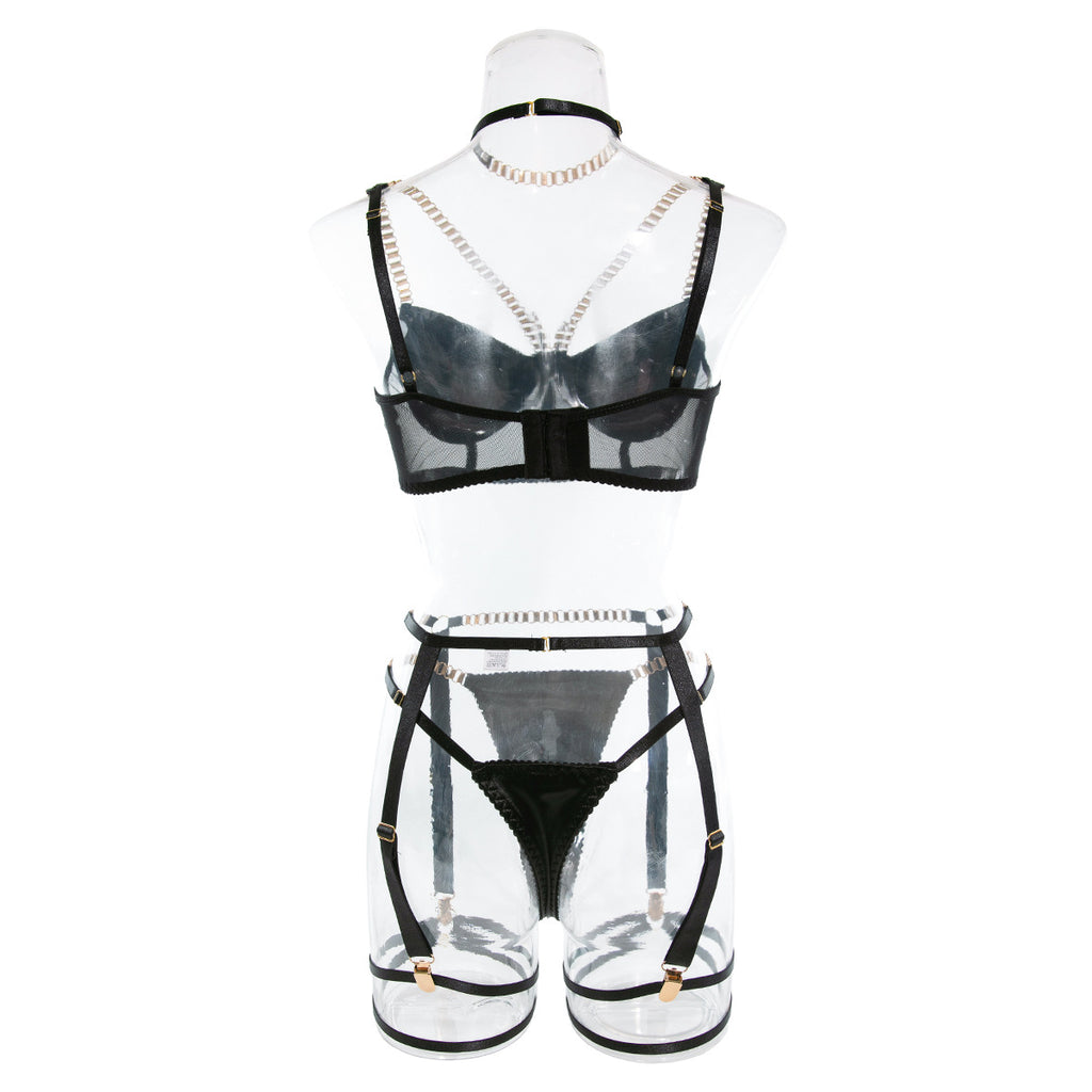 Sexy Velvet Hollow Cut Halter Bra Set