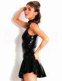 Sleeveless Solid Color Faux Leather Club Dress