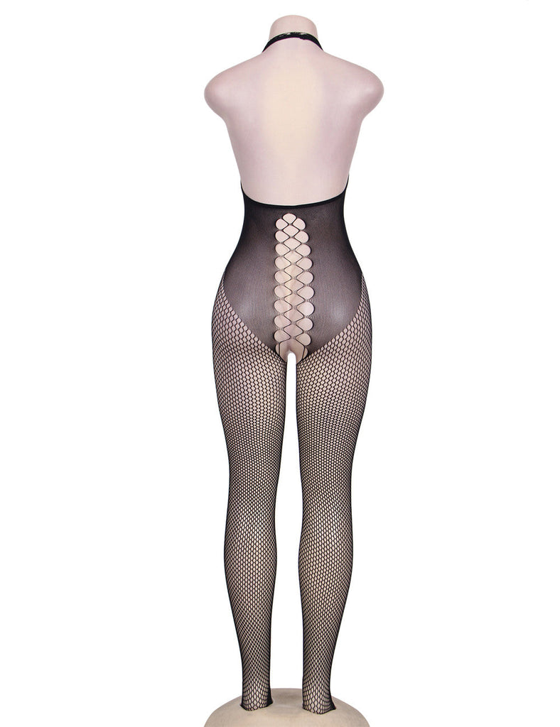 Black Crisscross Detail Fishnet Open Back BodyStocking