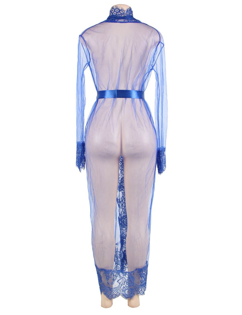 White & Black & Blue Long Sleepwear Delicate Lace Gow