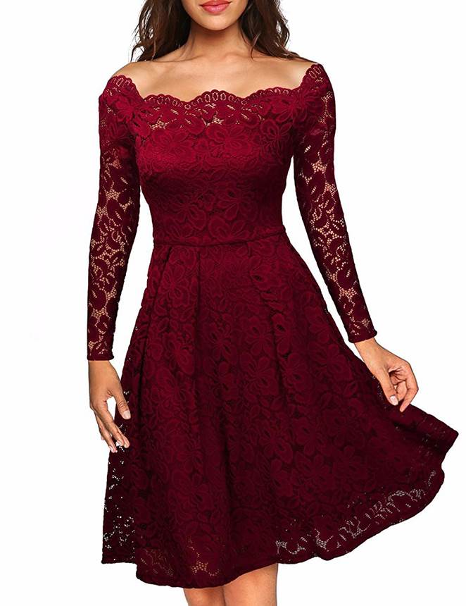 Long Sleeve Fashion Red Lace Midi Dress Egypt