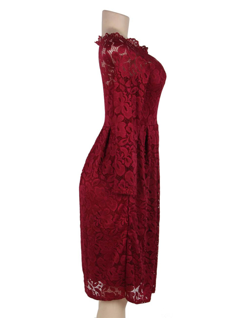 Long Sleeve Fashion Red Lace Midi Dress Egypt