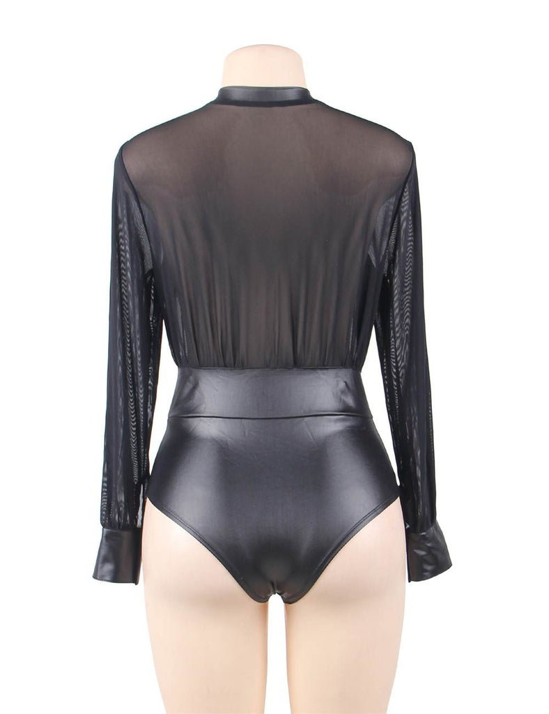 Plus Size Egypt Black V-neck Zipper Leather Teddy