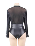 Plus Size Egypt Black V-neck Zipper Leather Teddy