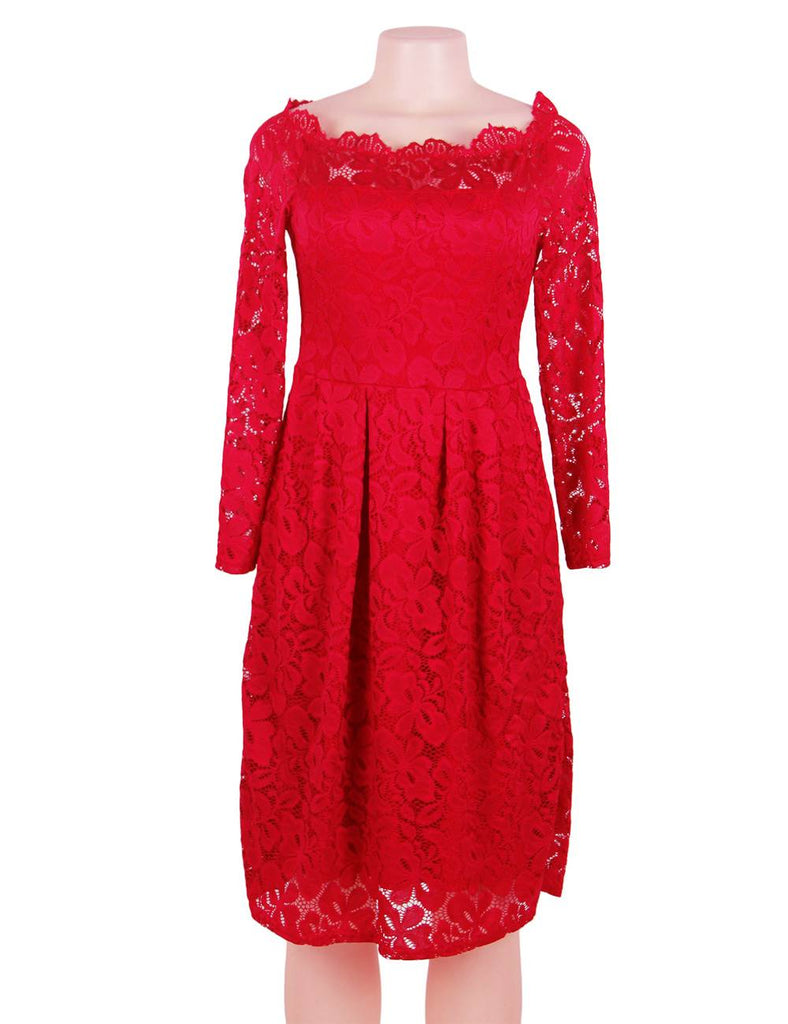 Long Sleeve Fashion Red Lace Midi Dress Egypt