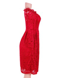Long Sleeve Fashion Red Lace Midi Dress Egypt