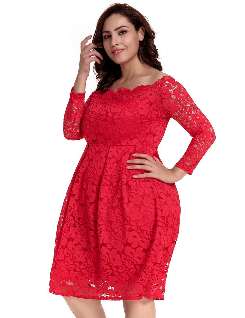 Long Sleeve Fashion Red Lace Midi Dress Egypt