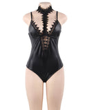 Plus Size Black Leather Exquisite Lace Choker Neck Teddy Lingerie