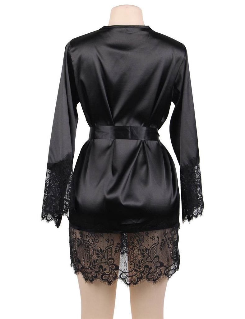 Elegant Nightdress Silk Eyelash Lace Long Sleeves Sleepwear Egypt With G String