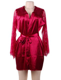 Eyelash Lace Nightdress Silk Long Sleeves Sleepwear with G String