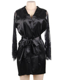 Eyelash Lace Nightdress Silk Long Sleeves Sleepwear with G String
