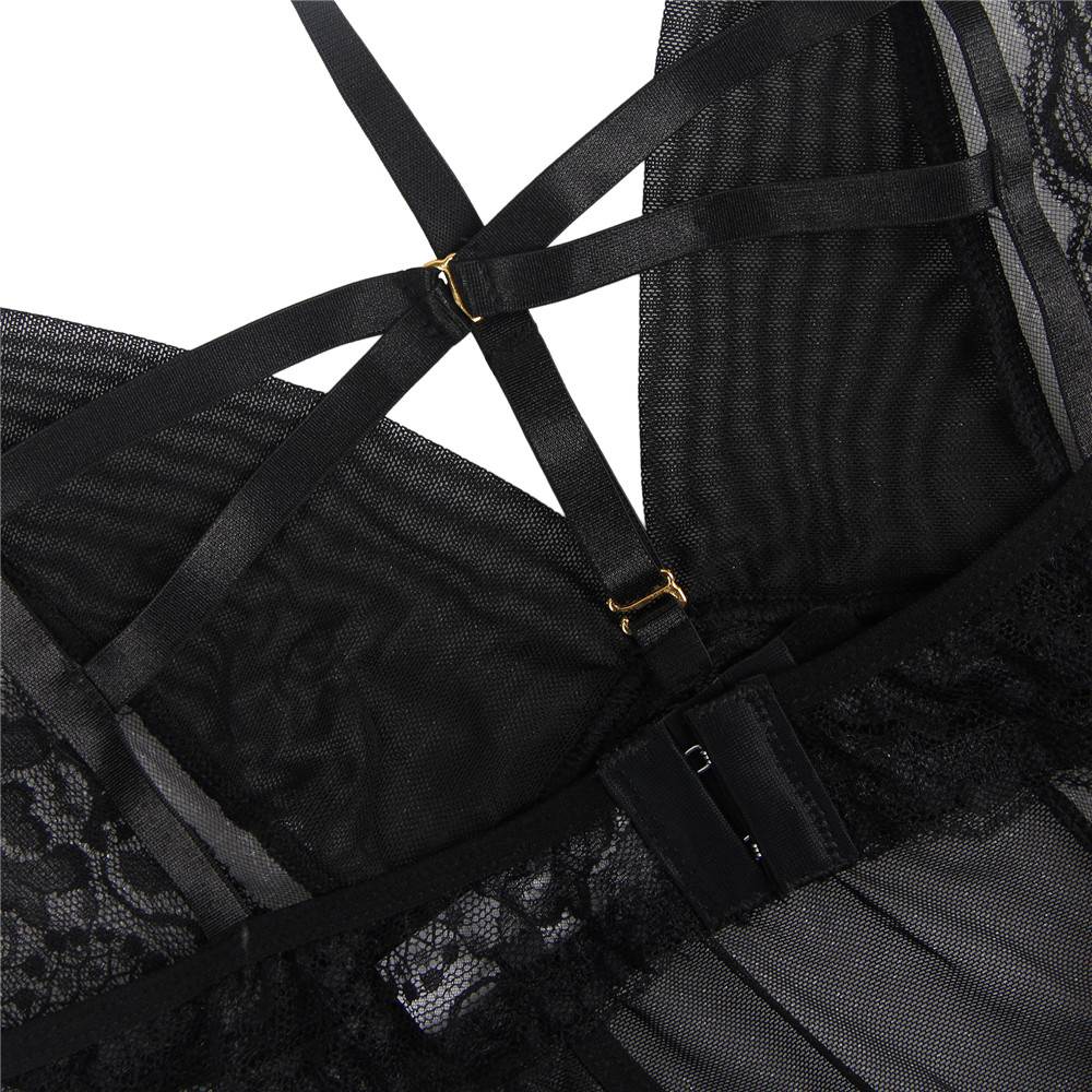 Elegant Black Lace Hanging Neck Perspective Sexy Egypt Babydoll