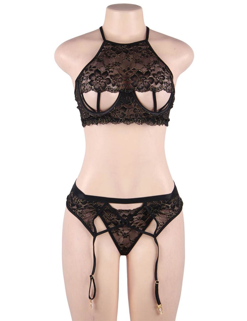 Gold Wire Red & Black Lace Stitching Cross Straps Sexy Bra Set Egypt With Steel Ring