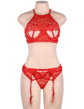 Gold Wire Red & Black Lace Stitching Cross Straps Sexy Bra Set Egypt With Steel Ring