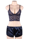New Women Hollow Sexy Sleepwear Nightwear Lace Trim Satin Top Pajama Sets