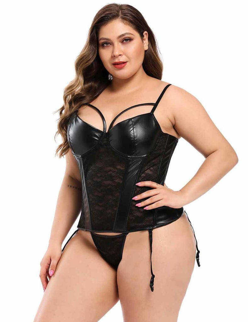 New Black Lace Leather Stitching Sexy Corset
