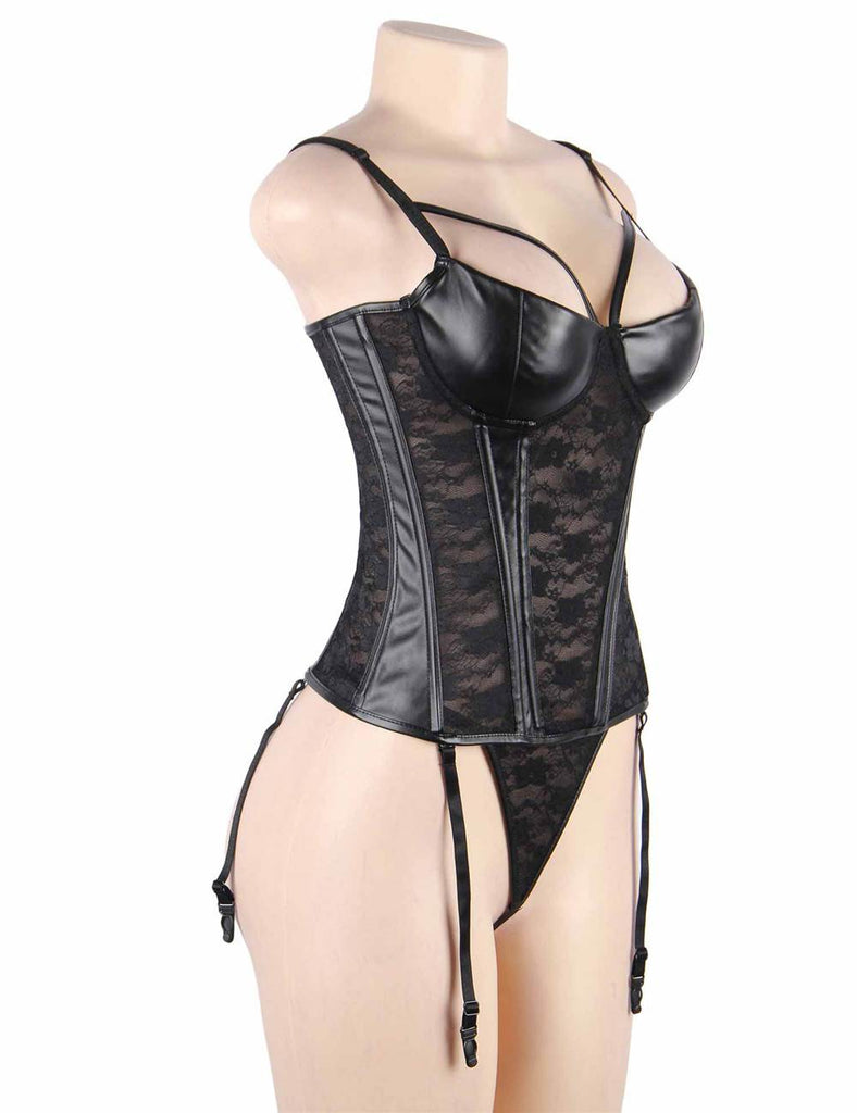 New Black Lace Leather Stitching Sexy Corset