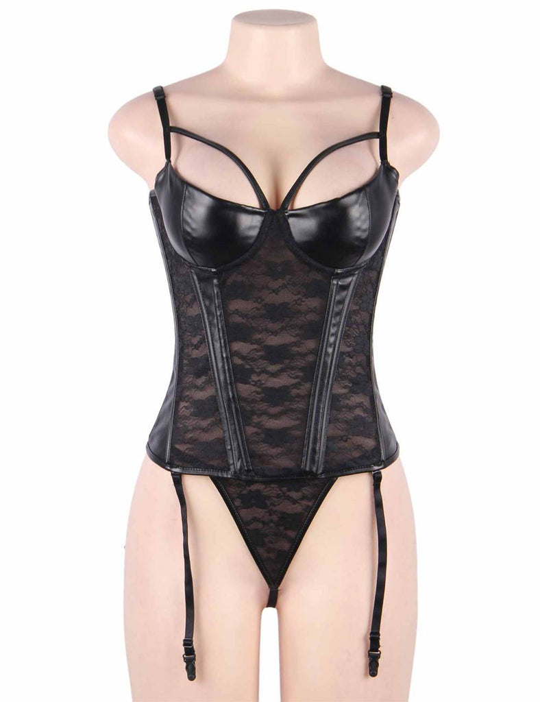 New Black Lace Leather Stitching Sexy Corset