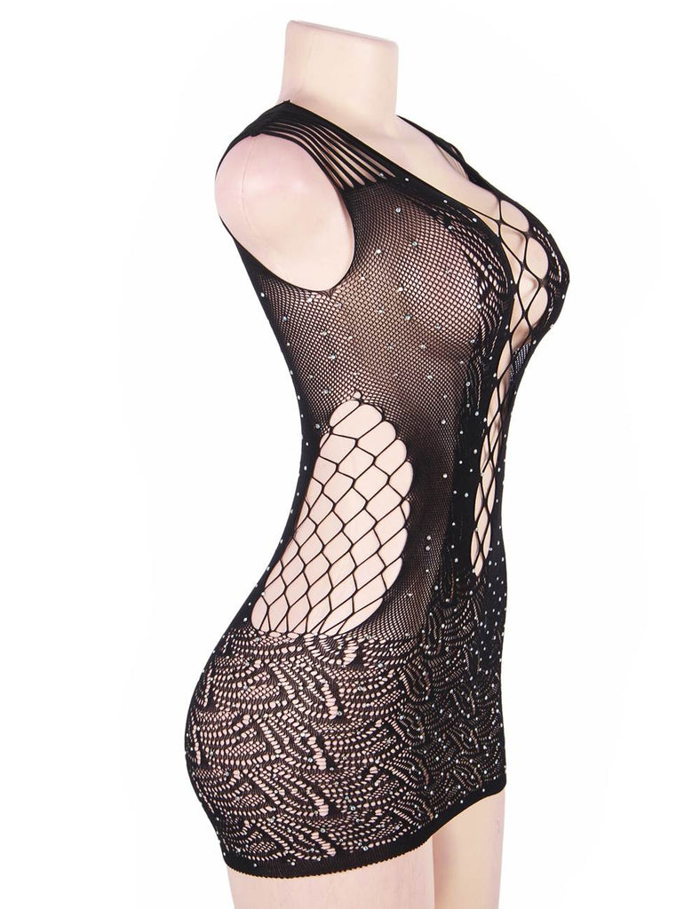 New Sexy Sparkle Glitter Rhinestone Fishnet Hollow Out Lingerie Bodysuit