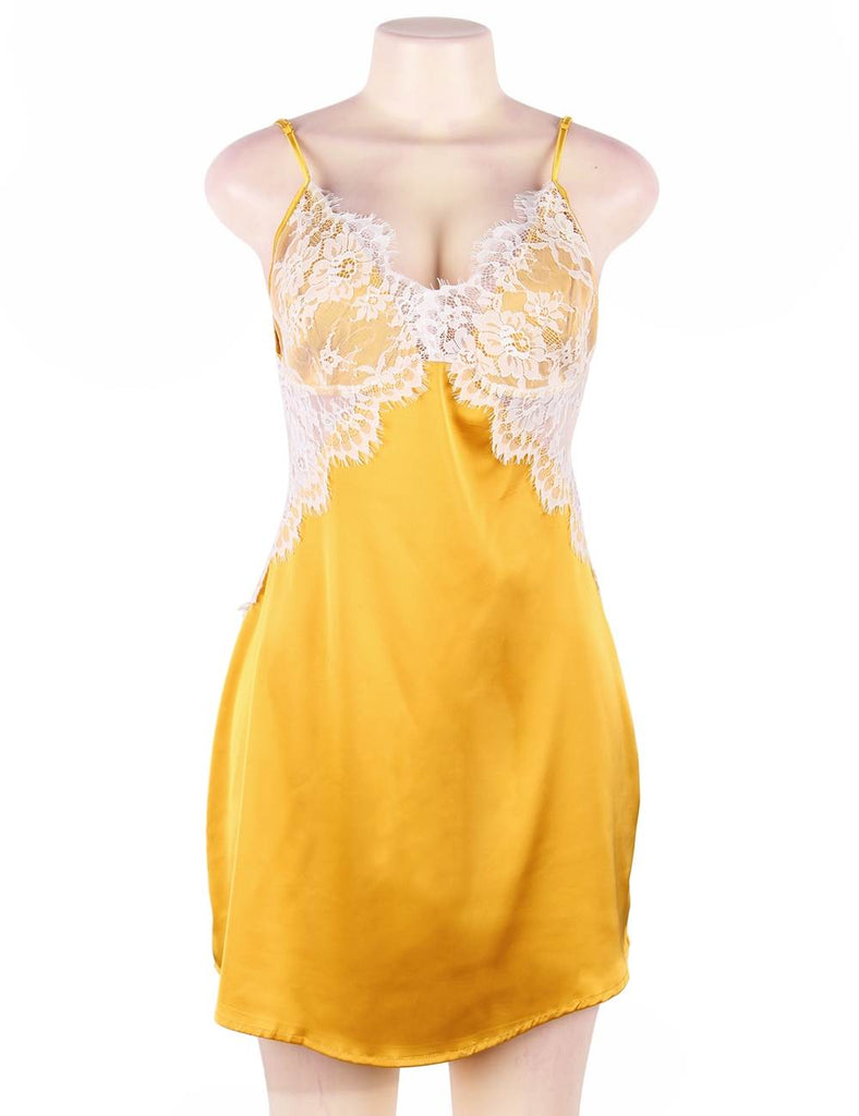 Yellow Sexy High-end Satin Lace Stitching Open Back Ladies Lingerie