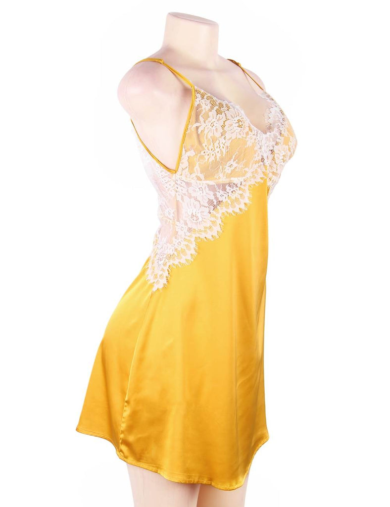 Yellow Sexy High-end Satin Lace Stitching Open Back Ladies Lingerie