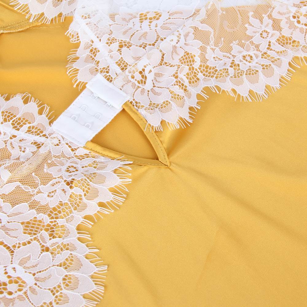 Yellow Sexy High-end Satin Lace Stitching Open Back Ladies Lingerie