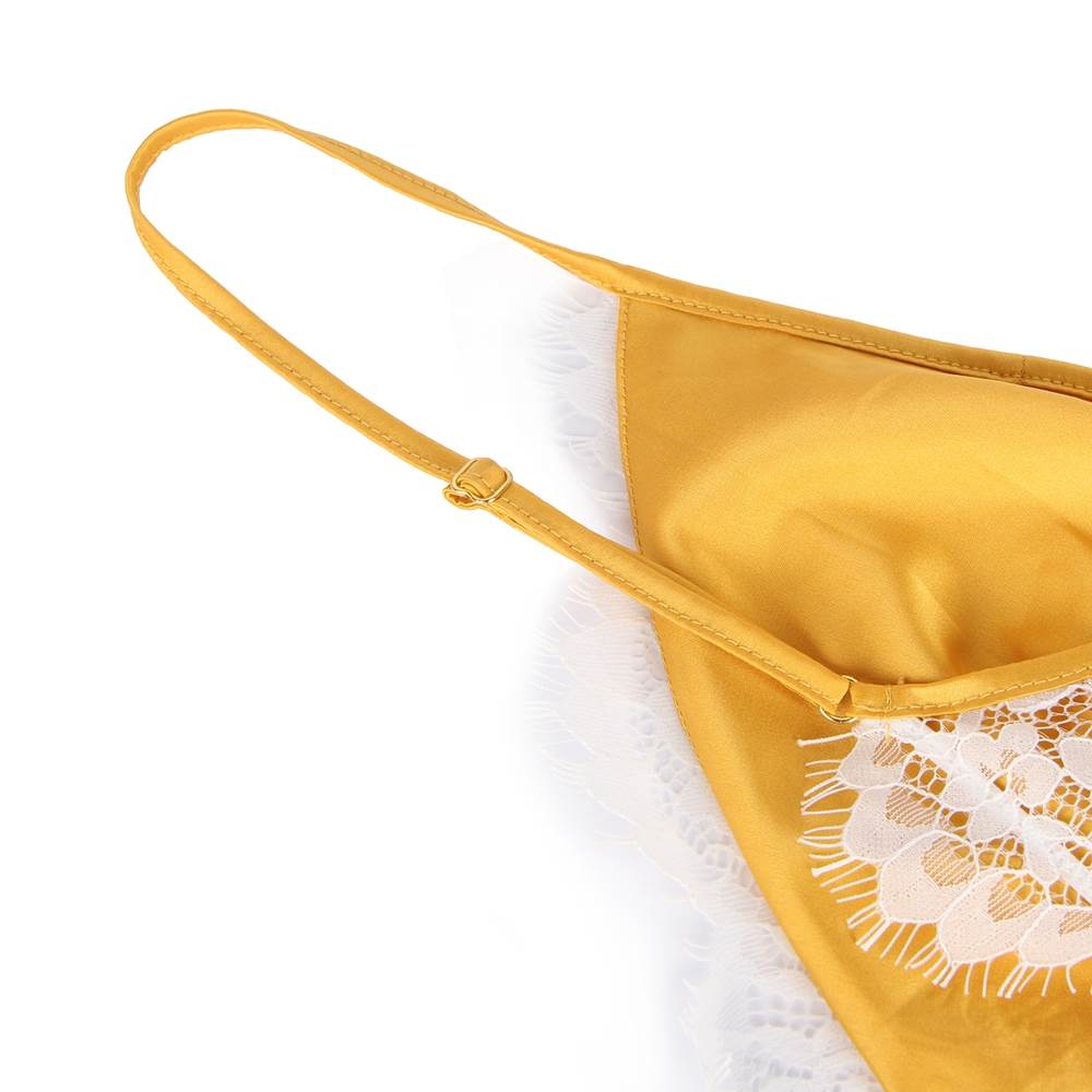 Yellow Sexy High-end Satin Lace Stitching Open Back Ladies Lingerie