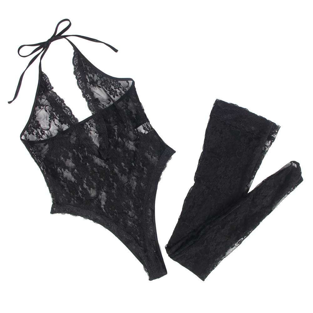 Sexy Lace Sleeveless See-Through Backless Deep V-Neck Bodysuit Egypt With Stocking