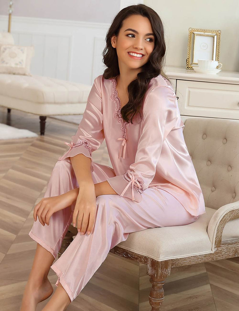 High Quality Long Sleeve Silk Pajama Egypt Set Two Piece Set in