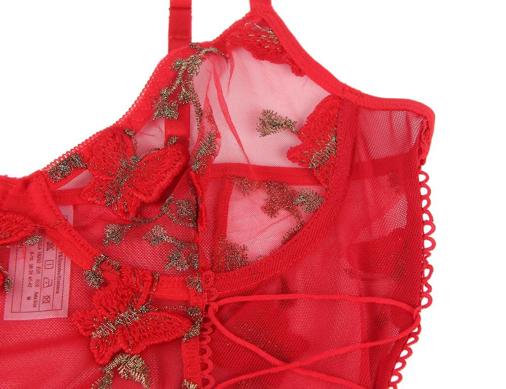 New Pink & Gray & Red Butterfly Pattern Embroidery Mesh Lingerie Set With Underwire