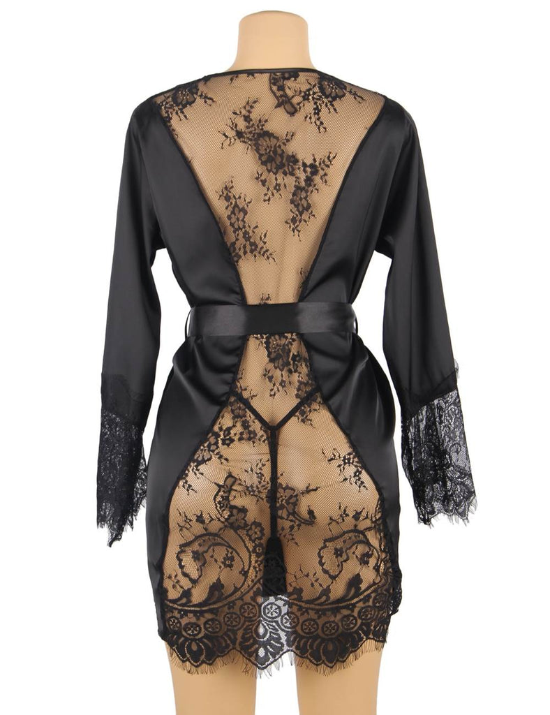 Silk Satin Lace Back Hollow Out Sexy Women Kimono Home
