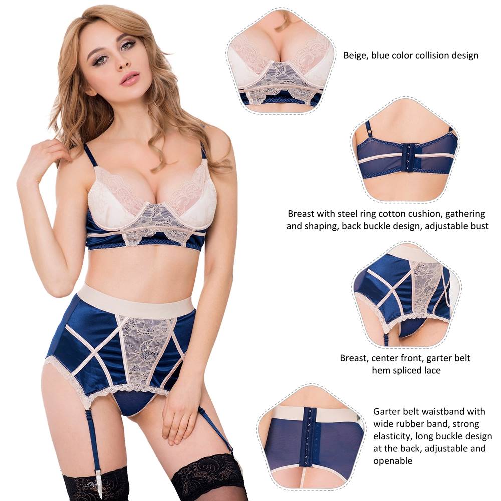 Navy Bra Set Egypt With Beige Lace Overlay