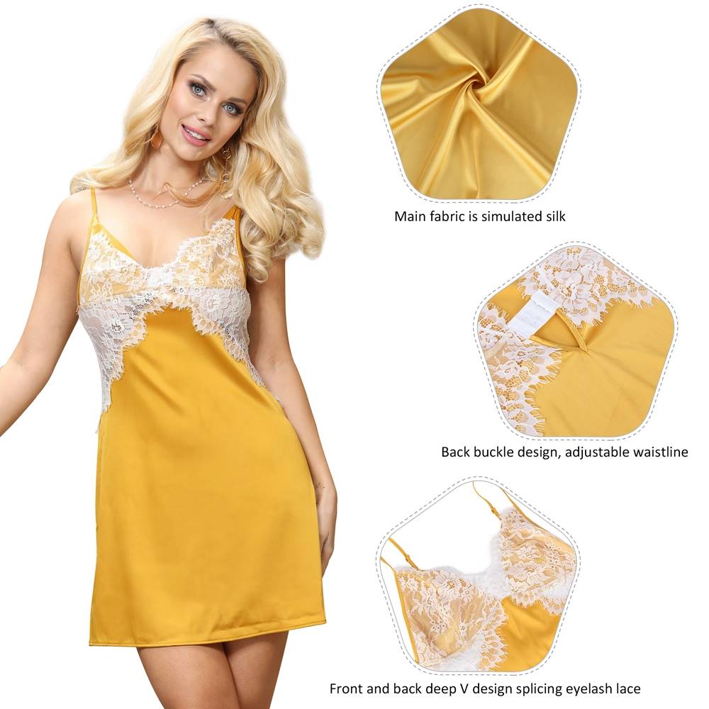 Yellow Sexy High-end Satin Lace Stitching Open Back Ladies Lingerie