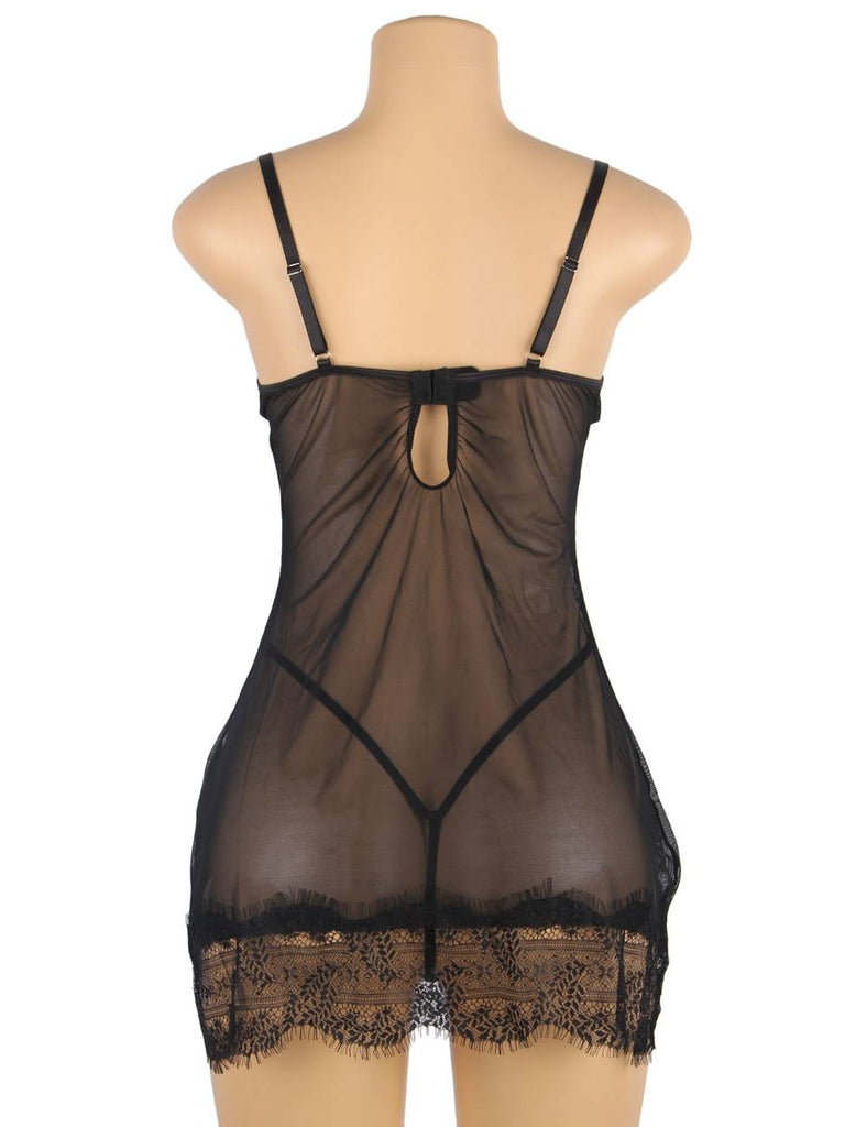 Sexy Black Soft Eyelash Lace Sheer Babydoll Egypt Set