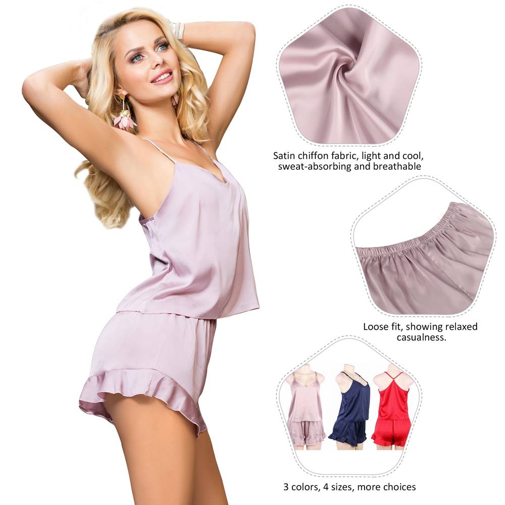 Elegant Ice Silk Strap Shorts 2 Piece Pajama Set