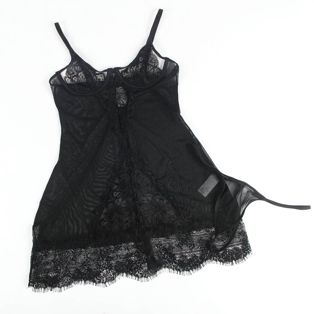 Sexy Black Soft Eyelash Lace Sheer Babydoll Egypt Set