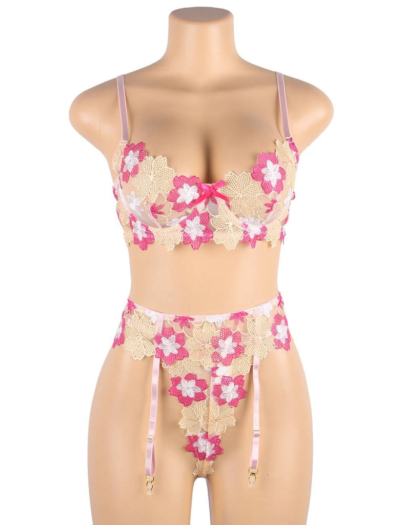 Floral Embroidery Underwire Garter Lingerie Egypt Set