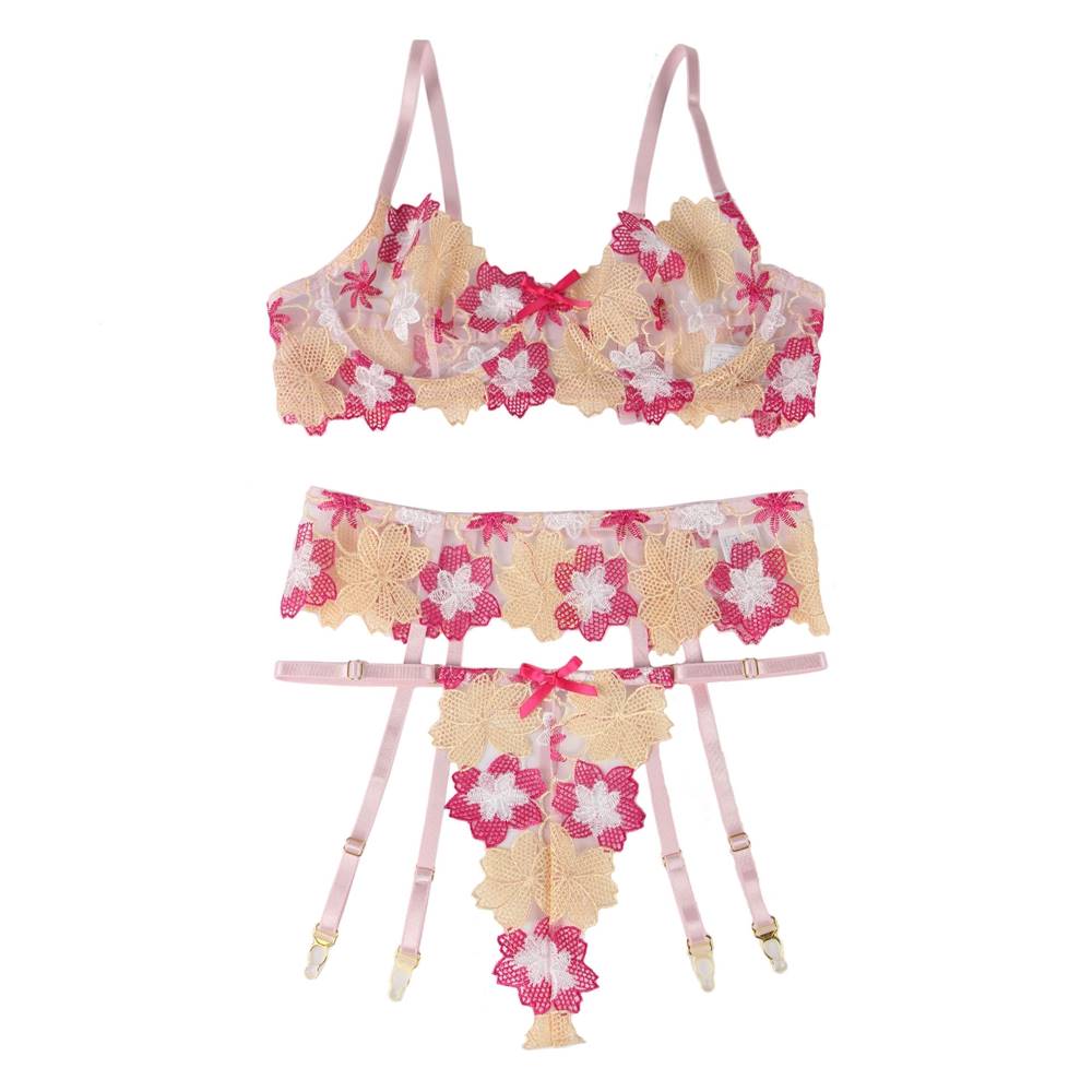 Floral Embroidery Underwire Garter Lingerie Egypt Set