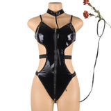 Black Leather Exquisite Backless Teddy With Choker Neck