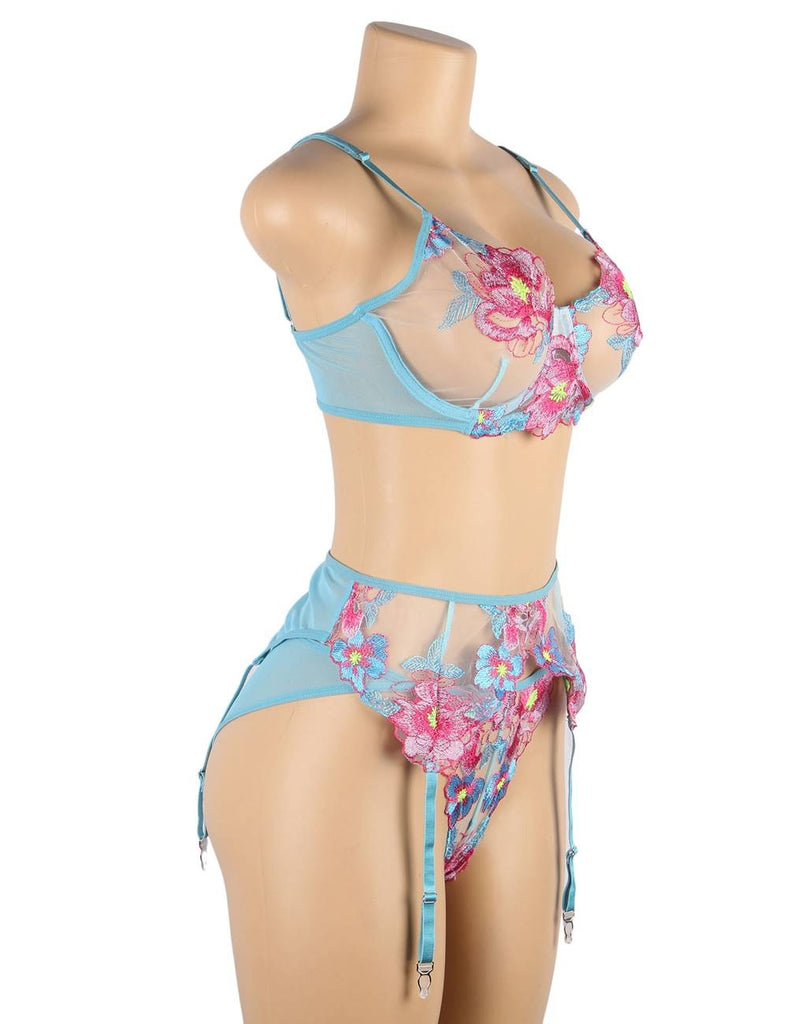 Floral Embroidery Underwire Garter Egyp Lingerie Set