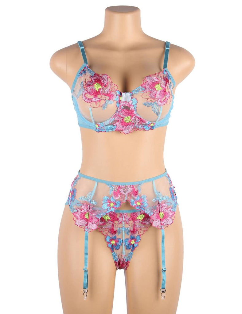 Floral Embroidery Underwire Garter Egyp Lingerie Set