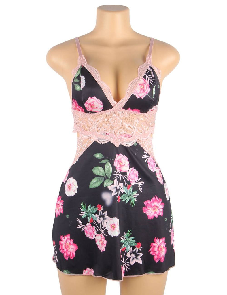 Floral Print Lace-up Babydoll Without Underwire