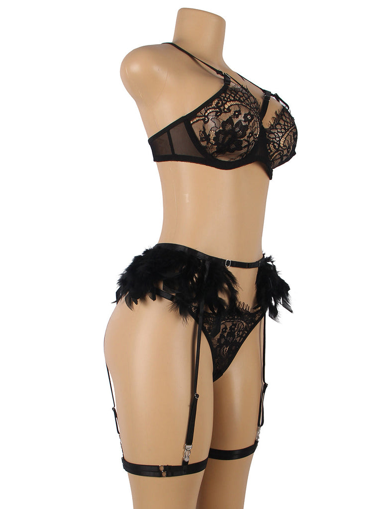 New Feather Lace Underwire Garter Egypt Lingerie Set
